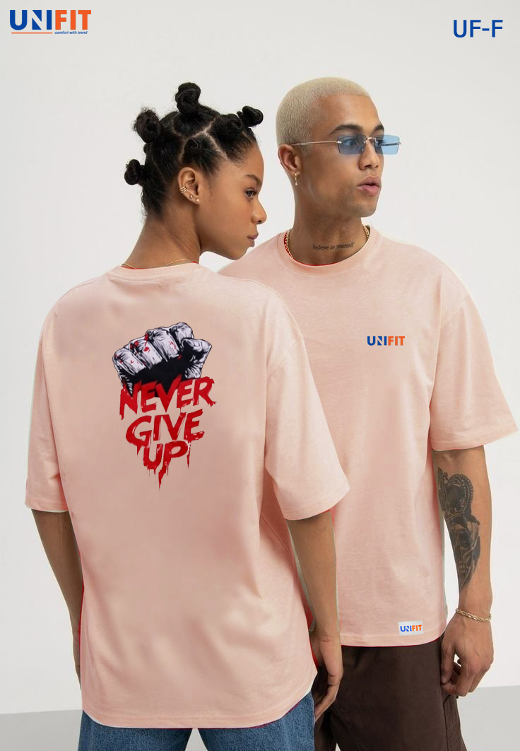 never give up drop shoulder over size t shrit model uf-f pale rose